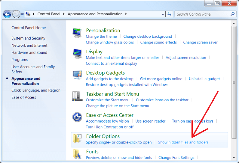 'Control Panel→Folder Options→Show hidden files and folders'