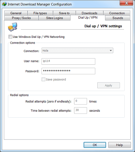 Internet Download Manager 'Options' dialog 'Dial Up/VPN' tab